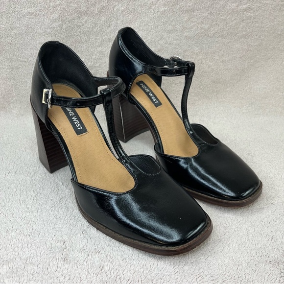 Nine West T-Strap Faux Leather Block Heels-Women’s 6-Black/Brown-Y2K-90s-Preppy - Picture 1 of 11